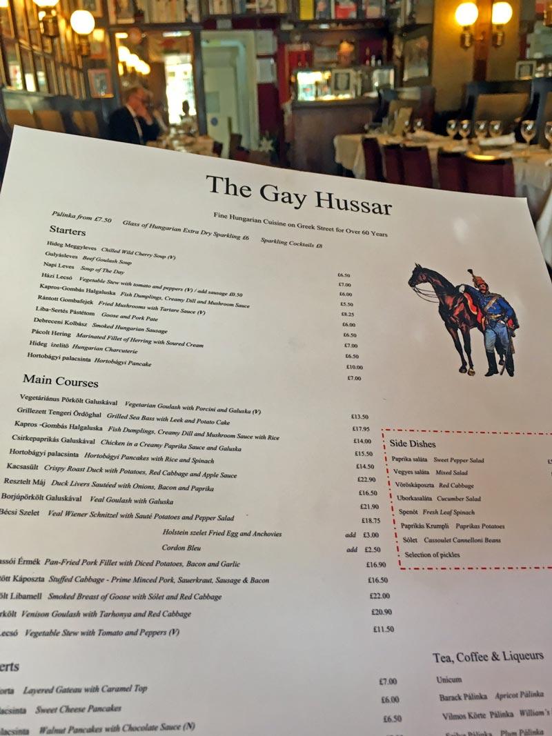 The Gay Hussar menu
